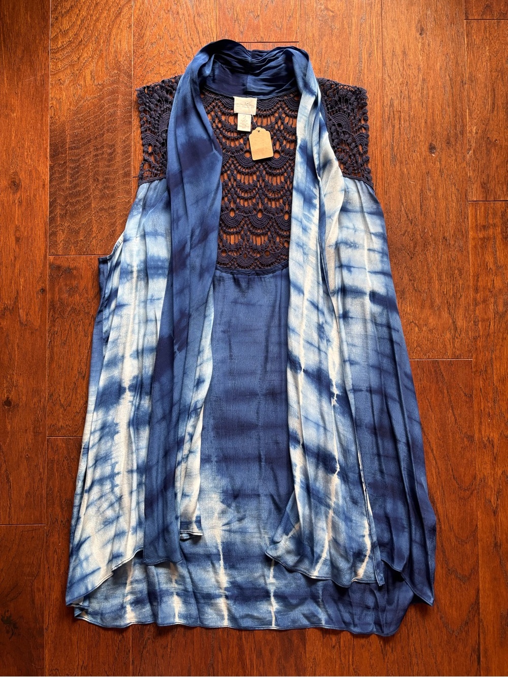 Chico's Blue Silky Tie-Dye Crochet Kimono | Size 2 | Cover Up - Picture 3 of 11